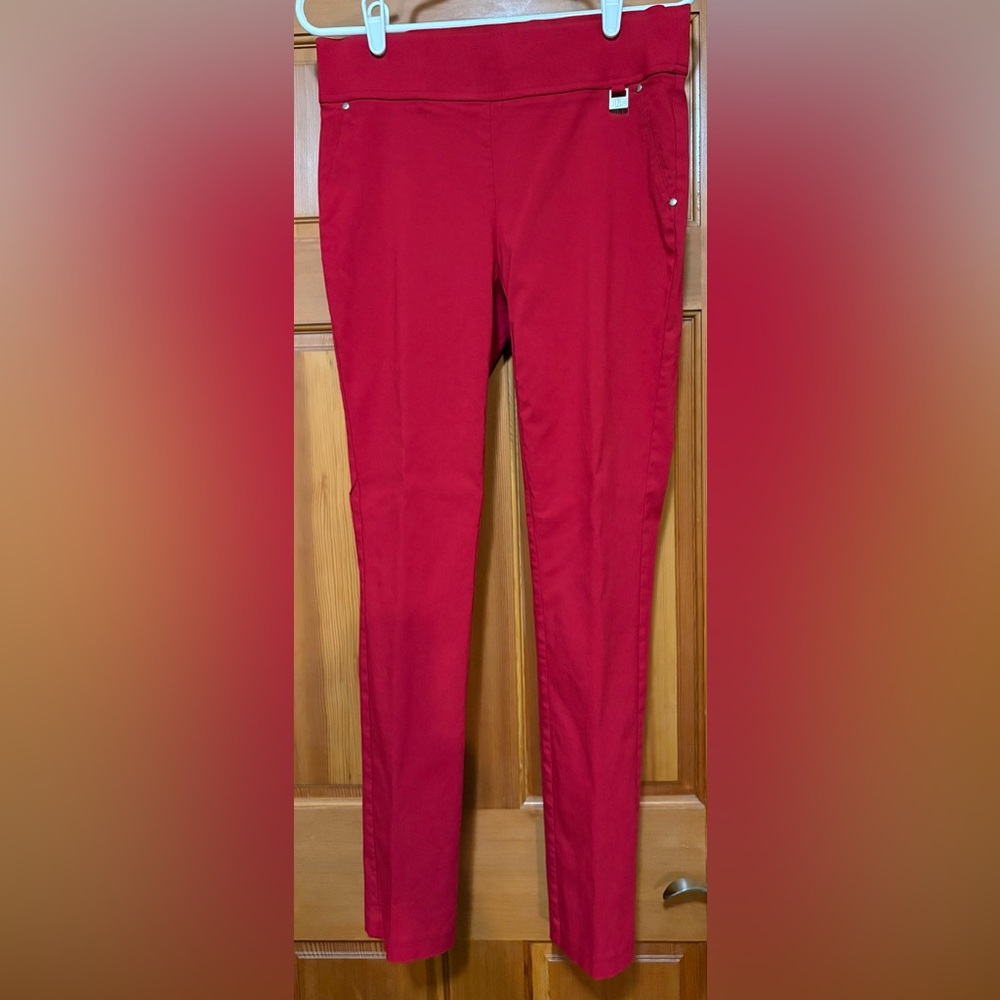 Bold, Scarlet, straight leg, comfortable anywhere pants…